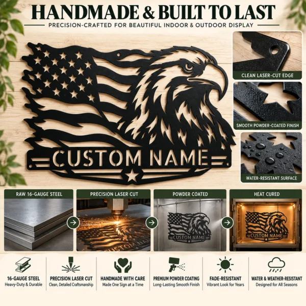 Custom American Eagle Metal Sign Personalized Name Patriotic Wall Art Decor Gift Custom American eagle metal sign in 16 gauge steel with personalized name for patriotic wall decor, home, garage, workshop, office and gift art.