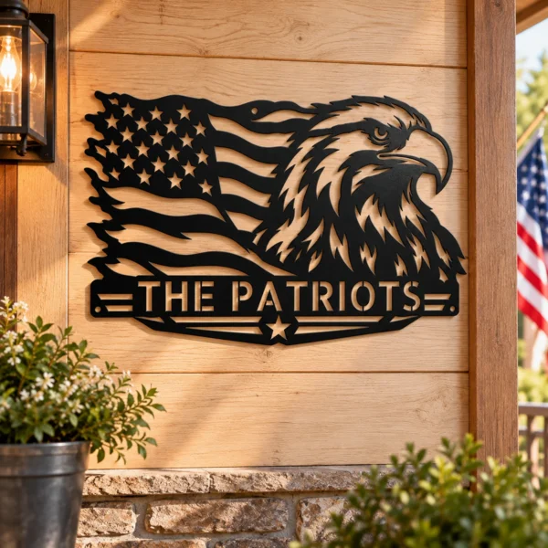 Custom American Eagle Metal Sign Personalized Name Patriotic Wall Art Decor Gift Custom American eagle metal sign in 16 gauge steel with personalized name for patriotic wall decor, home, garage, workshop, office and gift art.