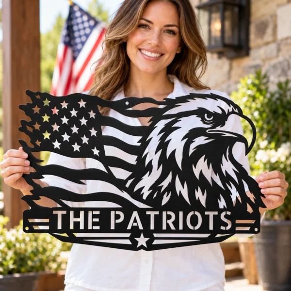 Custom American Eagle Metal Sign Personalized Name Patriotic Wall Art Decor Gift Custom American eagle metal sign in 16 gauge steel with personalized name for patriotic wall decor, home, garage, workshop, office and gift art.