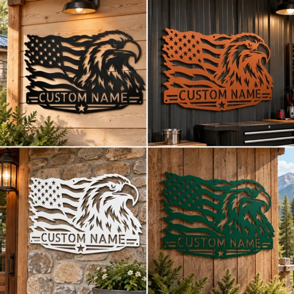 Custom American Eagle Metal Sign Personalized Name Patriotic Wall Art Decor Gift Custom American eagle metal sign in 16 gauge steel with personalized name for patriotic wall decor, home, garage, workshop, office and gift art.