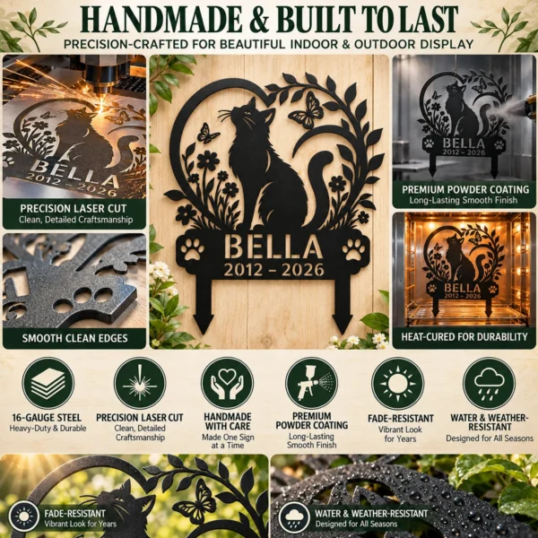 Custom Cat Memorial Metal Stake Sign Personalized Pet Loss Garden Marker Custom cat memorial metal stake sign personalized with cat name and memorial dates, pet loss garden marker for outdoor remembrance and sympathy gifts.