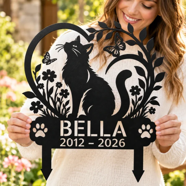 Custom Cat Memorial Metal Stake Sign Personalized Pet Loss Garden Marker Custom cat memorial metal stake sign personalized with cat name and memorial dates, pet loss garden marker for outdoor remembrance and sympathy gifts.