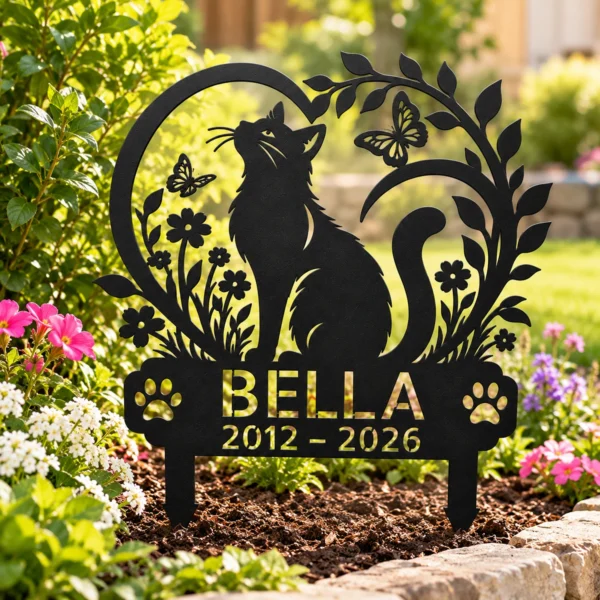 Custom Cat Memorial Metal Stake Sign Personalized Pet Loss Garden Marker Custom cat memorial metal stake sign personalized with cat name and memorial dates, pet loss garden marker for outdoor remembrance and sympathy gifts.
