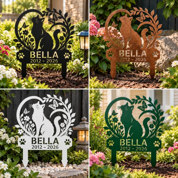 Custom Cat Memorial Metal Stake Sign Personalized Pet Loss Garden Marker Custom cat memorial metal stake sign personalized with cat name and memorial dates, pet loss garden marker for outdoor remembrance and sympathy gifts.