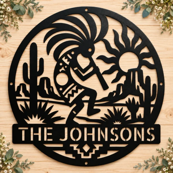 Custom Kokopelli flute player metal sign in 16 gauge steel with personalized name for Southwest wall decor, home, garden, cabin, and gift art.