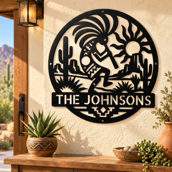 Custom Kokopelli Flute Player Metal Sign Personalized Name Southwest Wall Art Custom Kokopelli flute player metal sign in 16 gauge steel with personalized name for Southwest wall decor, home, garden, cabin, and gift art.