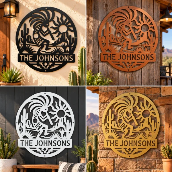 Custom Kokopelli Flute Player Metal Sign Personalized Name Southwest Wall Art Custom Kokopelli flute player metal sign in 16 gauge steel with personalized name for Southwest wall decor, home, garden, cabin, and gift art.