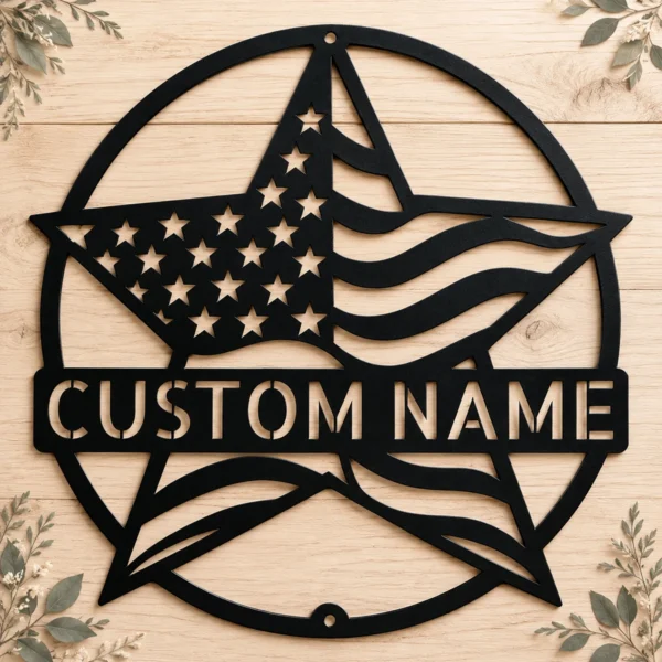 Custom Usa Flag Star Metal Sign Personalized Name Patriotic Wall Art Decor Gift Custom USA flag star metal sign in 16 gauge steel with personalized name for patriotic wall decor, home, garage, workshop, office and gift art.