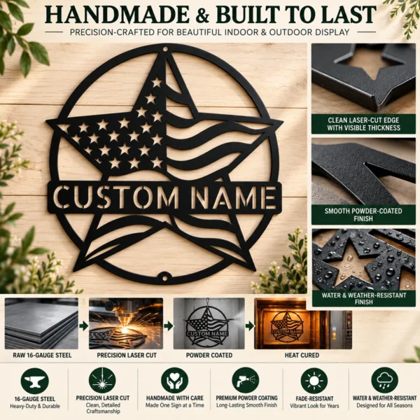 Custom Usa Flag Star Metal Sign Personalized Name Patriotic Wall Art Decor Gift Custom USA flag star metal sign in 16 gauge steel with personalized name for patriotic wall decor, home, garage, workshop, office and gift art.