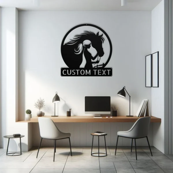 Personalized Woman Horse Metal Sign Custom Name Equestrian Decor Farmhouse Gift Personalized woman horse metal sign in 16 gauge steel with custom name for equestrian wall decor, barn, stable, farmhouse, and horse lover gift art.