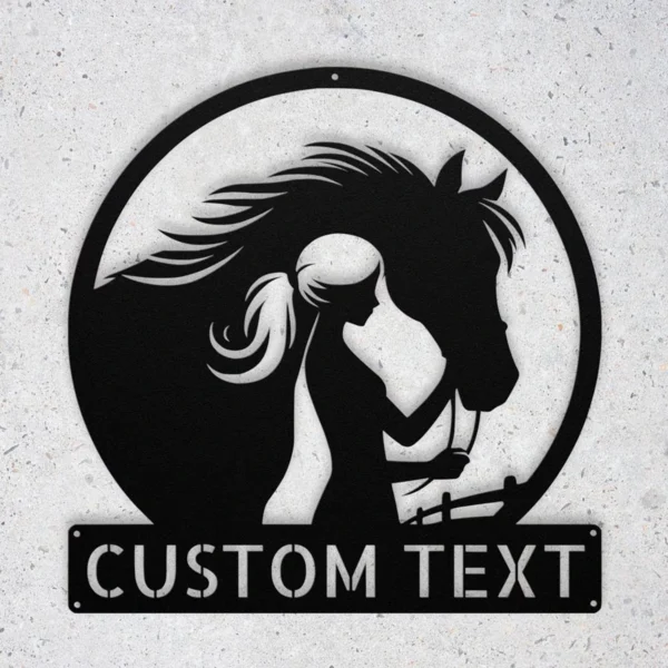 Personalized Woman Horse Metal Sign Custom Name Equestrian Decor Farmhouse Gift Personalized woman horse metal sign in 16 gauge steel with custom name for equestrian wall decor, barn, stable, farmhouse, and horse lover gift art.