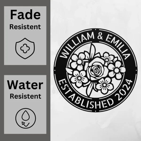 Personalized Floral Metal Art Sign Custom Name Garden Outdoor Wall Decor Personalized floral metal art sign in 16 gauge steel with custom name for garden wall decor, outdoor patio, porch, flower bed, and gift art.