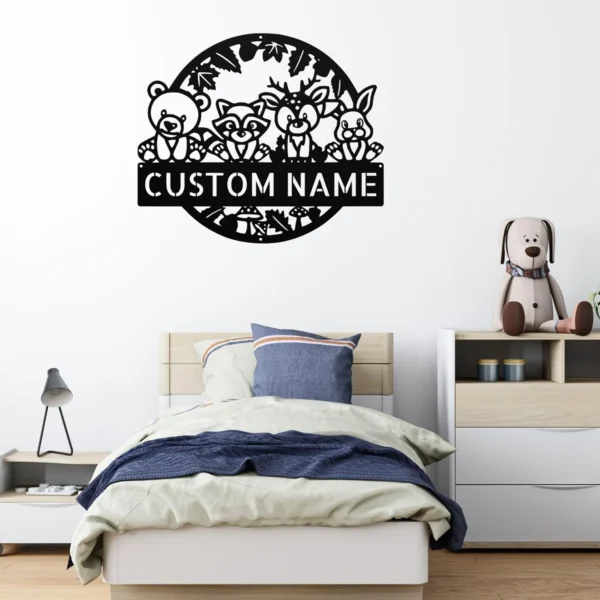 Personalized Woodland Creatures Sign Custom Name Forest Nursery Decor Personalized woodland creatures sign in 16 gauge steel with custom name for forest nursery wall decor, kids room, playroom, cabin and gift art.