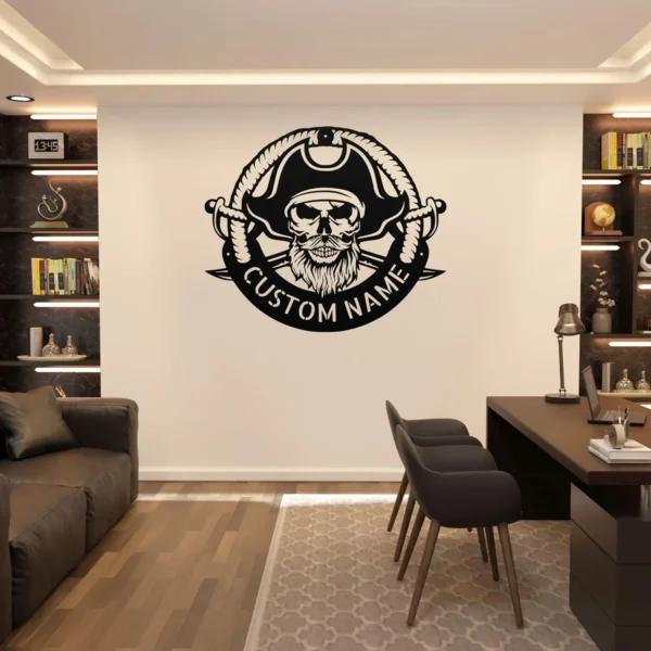 Personalized Pirate Metal Sign Custom Name Nautical Coastal Wall Art Decor Gift Personalized pirate metal sign in 16 gauge steel with custom name for nautical wall decor, beach house, home bar, coastal cabin and gift art.