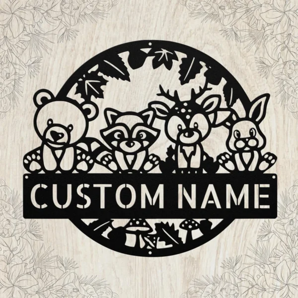 Personalized Woodland Creatures Sign Custom Name Forest Nursery Decor Personalized woodland creatures sign in 16 gauge steel with custom name for forest nursery wall decor, kids room, playroom, cabin and gift art.