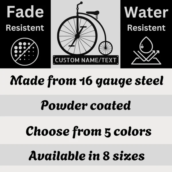 Personalized Penny Farthing Bicycle Metal Sign Custom Name Vintage Bike Wall Art Personalized Penny Farthing bicycle metal sign in 16 gauge steel with custom name for vintage bike wall decor, garage, workshop, and cycling gift.