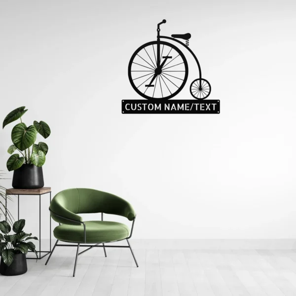 Personalized Penny Farthing Bicycle Metal Sign Custom Name Vintage Bike Wall Art Personalized Penny Farthing bicycle metal sign in 16 gauge steel with custom name for vintage bike wall decor, garage, workshop, and cycling gift.