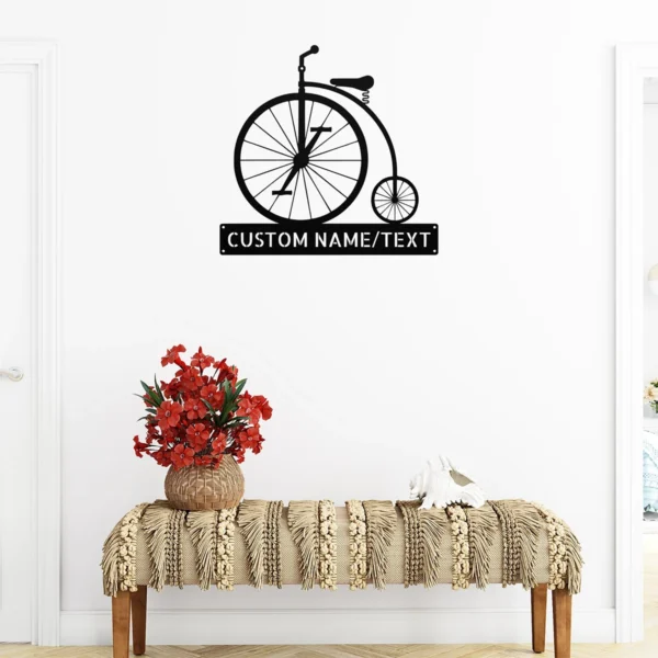 Personalized Penny Farthing Bicycle Metal Sign Custom Name Vintage Bike Wall Art Personalized Penny Farthing bicycle metal sign in 16 gauge steel with custom name for vintage bike wall decor, garage, workshop, and cycling gift.