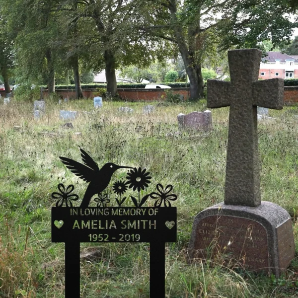 Personalized Hummingbird Garden Stake Custom Name Memorial Garden Decor Personalized hummingbird garden stake in 16 gauge steel with custom name for memorial garden decor, flower beds, yard, patio, and bird lover gift.