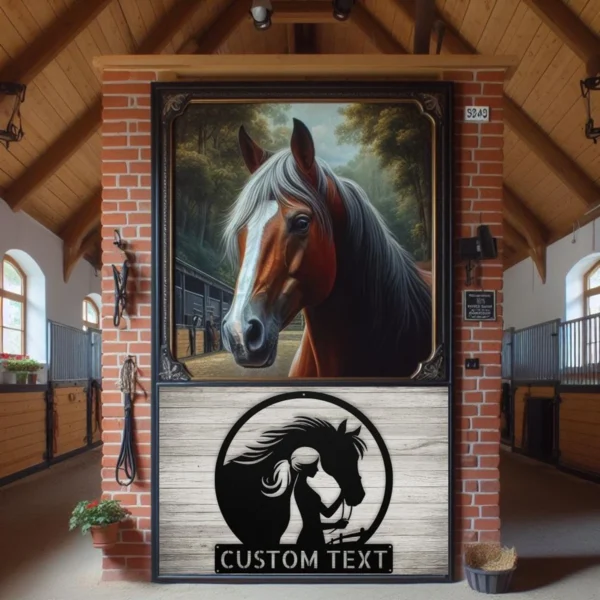 Personalized Woman Horse Metal Sign Custom Name Equestrian Decor Farmhouse Gift Personalized woman horse metal sign in 16 gauge steel with custom name for equestrian wall decor, barn, stable, farmhouse, and horse lover gift art.