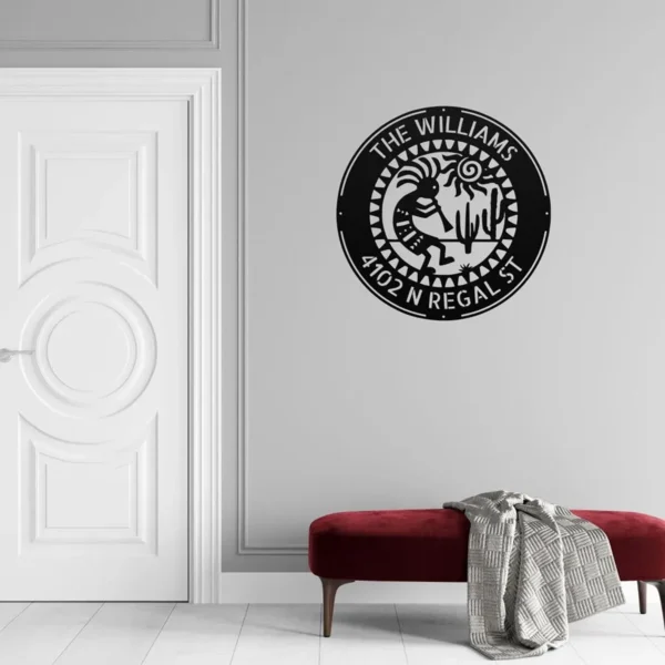 Custom Kokopelli flute player metal sign in 16 gauge steel with personalized name for Southwest wall decor, home, garden, cabin, and gift art.
