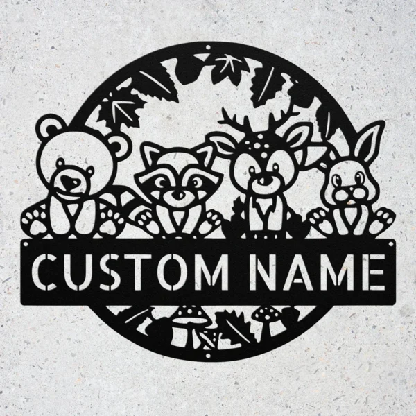 Personalized Woodland Creatures Sign Custom Name Forest Nursery Decor Personalized woodland creatures sign in 16 gauge steel with custom name for forest nursery wall decor, kids room, playroom, cabin and gift art.
