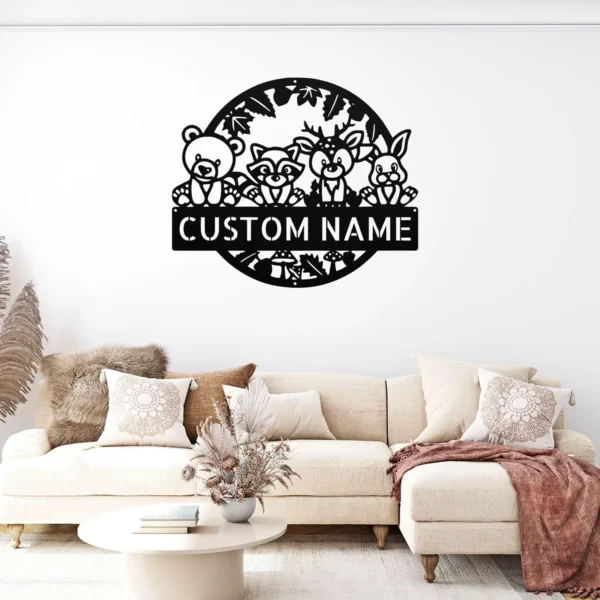 Personalized Woodland Creatures Sign Custom Name Forest Nursery Decor Personalized woodland creatures sign in 16 gauge steel with custom name for forest nursery wall decor, kids room, playroom, cabin and gift art.