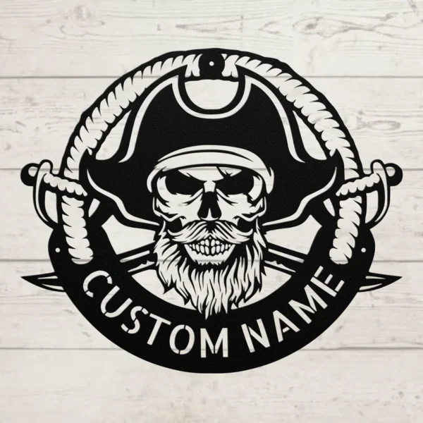 Personalized Pirate Metal Sign Custom Name Nautical Coastal Wall Art Decor Gift Personalized pirate metal sign in 16 gauge steel with custom name for nautical wall decor, beach house, home bar, coastal cabin and gift art.