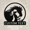 Personalized Woman Horse Metal Sign Custom Name Equestrian Decor Farmhouse Gift Personalized woman horse metal sign in 16 gauge steel with custom name for equestrian wall decor, barn, stable, farmhouse, and horse lover gift art.