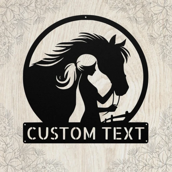 Personalized Woman Horse Metal Sign Custom Name Equestrian Decor Farmhouse Gift Personalized woman horse metal sign in 16 gauge steel with custom name for equestrian wall decor, barn, stable, farmhouse, and horse lover gift art.