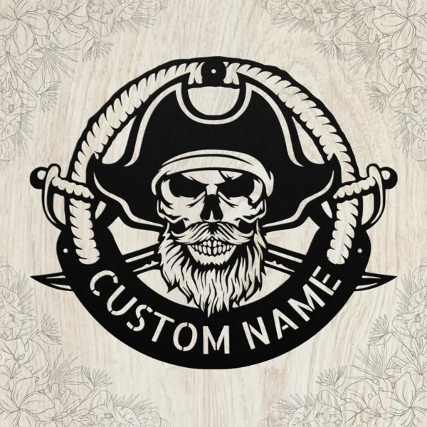 Personalized Pirate Metal Sign Custom Name Nautical Coastal Wall Art Decor Gift Personalized pirate metal sign in 16 gauge steel with custom name for nautical wall decor, beach house, home bar, coastal cabin and gift art.