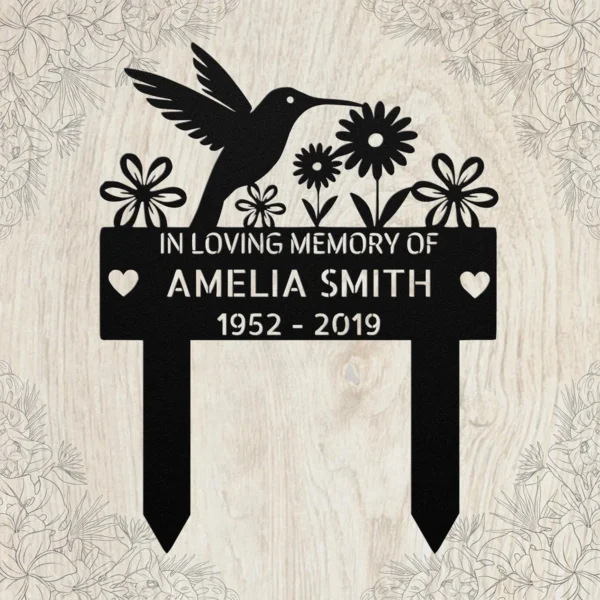 Personalized Hummingbird Garden Stake Custom Name Memorial Garden Decor Personalized hummingbird garden stake in 16 gauge steel with custom name for memorial garden decor, flower beds, yard, patio, and bird lover gift.