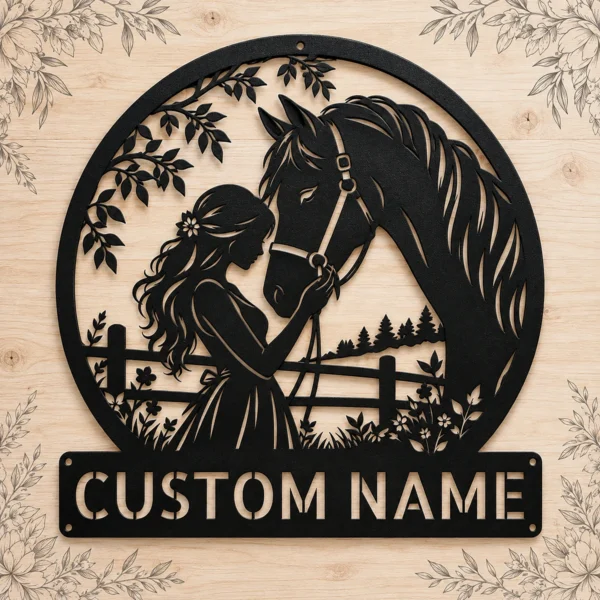 Personalized woman horse metal sign in 16 gauge steel with custom name for equestrian wall decor, barn, stable, farmhouse, and horse lover gift art.