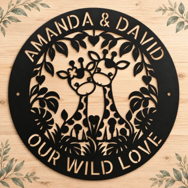 Personalized couple giraffe metal sign in 16 gauge steel with custom name for safari nursery wall decor, kids room, wildlife home and baby shower gift.