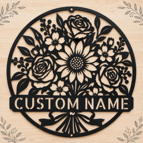 Personalized Floral Bouquet Metal Sign Custom Name Garden Office Decor Gift Personalized floral bouquet metal sign in 16 gauge steel with custom name for garden, office and home wall decor, floral art and gift idea.
