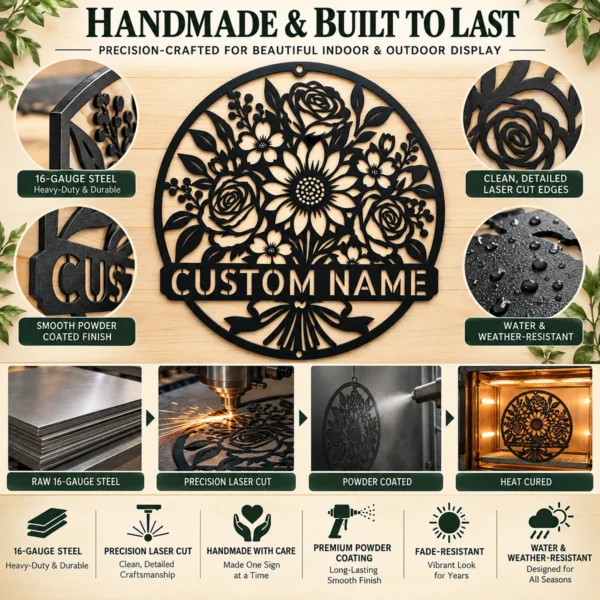 Personalized Floral Bouquet Metal Sign Custom Name Garden Office Decor Gift Personalized floral bouquet metal sign in 16 gauge steel with custom name for garden, office and home wall decor, floral art and gift idea.