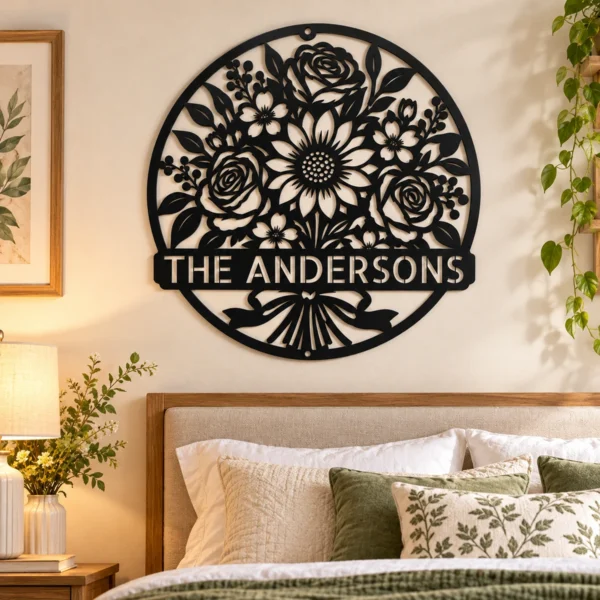 Personalized Floral Bouquet Metal Sign Custom Name Garden Office Decor Gift Personalized floral bouquet metal sign in 16 gauge steel with custom name for garden, office and home wall decor, floral art and gift idea.