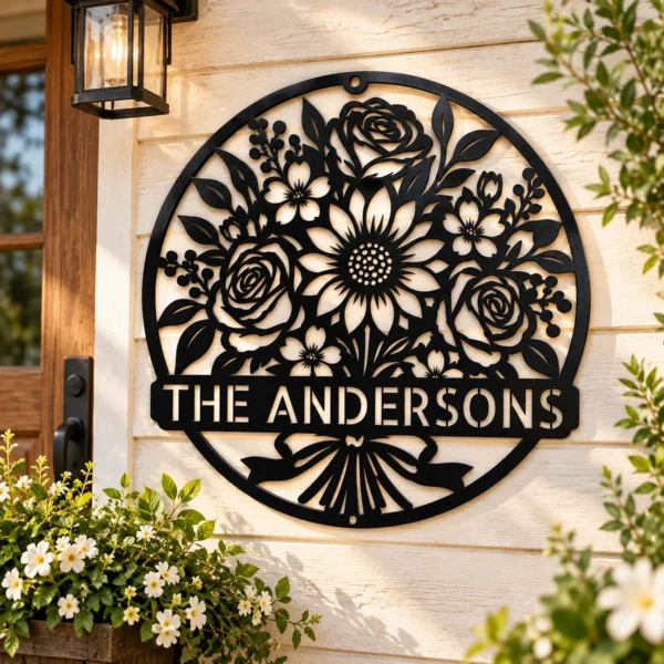Personalized Floral Bouquet Metal Sign Custom Name Garden Office Decor Gift Personalized floral bouquet metal sign in 16 gauge steel with custom name for garden, office and home wall decor, floral art and gift idea.