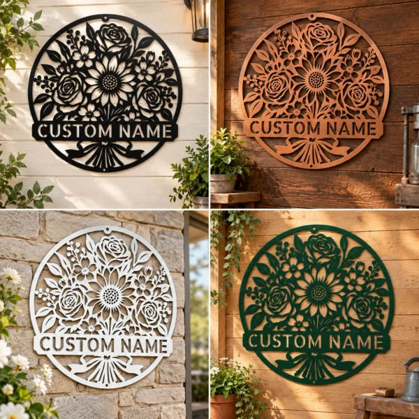 Personalized Floral Bouquet Metal Sign Custom Name Garden Office Decor Gift Personalized floral bouquet metal sign in 16 gauge steel with custom name for garden, office and home wall decor, floral art and gift idea.