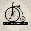 Personalized Penny Farthing Bicycle Metal Sign Custom Name Vintage Bike Wall Art Personalized Penny Farthing bicycle metal sign in 16 gauge steel with custom name for vintage bike wall decor, garage, workshop, and cycling gift.