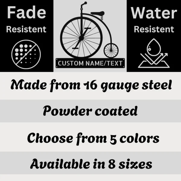 Personalized Penny Farthing Bicycle Metal Sign Custom Name Vintage Bike Wall Art Personalized Penny Farthing bicycle metal sign in 16 gauge steel with custom name for vintage bike wall decor, garage, workshop, and cycling gift.