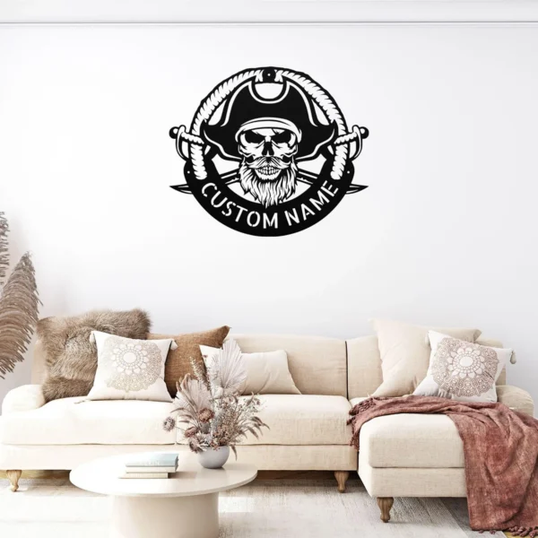 Personalized Pirate Metal Sign Custom Name Nautical Coastal Wall Art Decor Gift Personalized pirate metal sign in 16 gauge steel with custom name for nautical wall decor, beach house, home bar, coastal cabin and gift art.