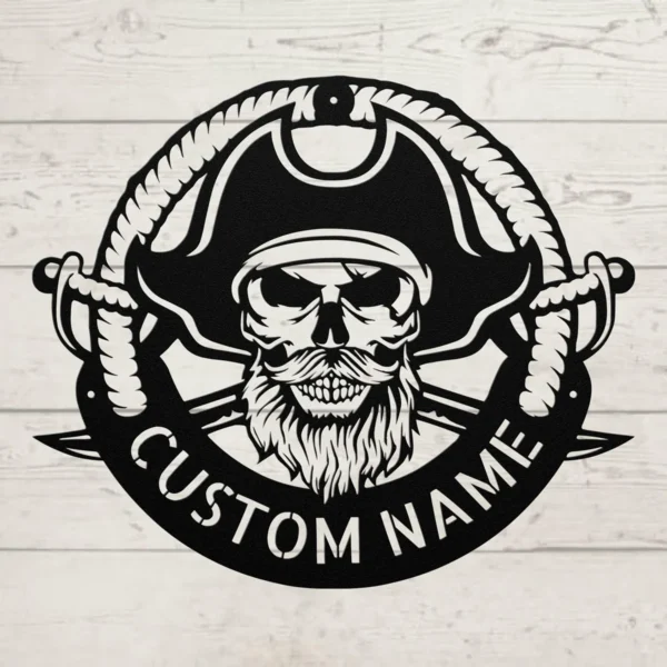 Personalized Pirate Metal Sign Custom Name Nautical Coastal Wall Art Decor Gift Personalized pirate metal sign in 16 gauge steel with custom name for nautical wall decor, beach house, home bar, coastal cabin and gift art.