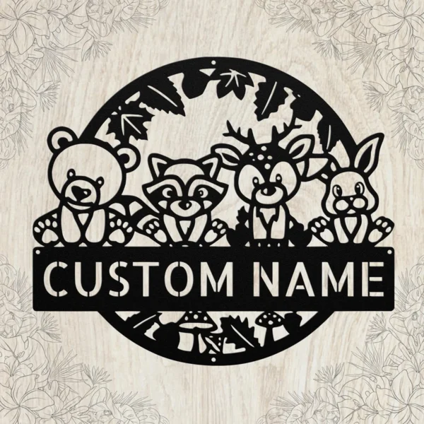 Personalized Woodland Creatures Sign Custom Name Forest Nursery Decor Personalized woodland creatures sign in 16 gauge steel with custom name for forest nursery wall decor, kids room, playroom, cabin and gift art.