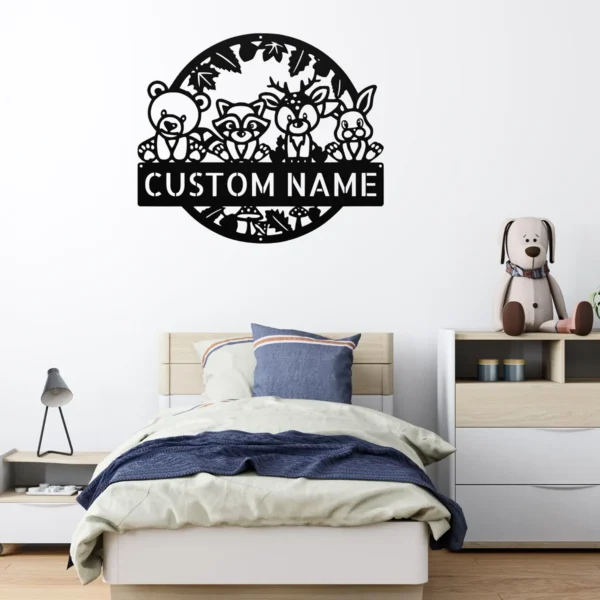 Personalized woodland creatures sign in 16 gauge steel with custom name for forest nursery wall decor, kids room, playroom, cabin and gift art.