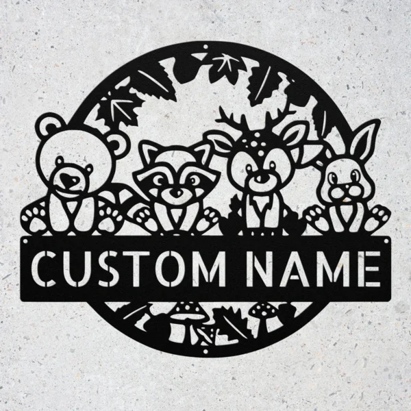 Personalized woodland creatures sign in 16 gauge steel with custom name for forest nursery wall decor, kids room, playroom, cabin and gift art.