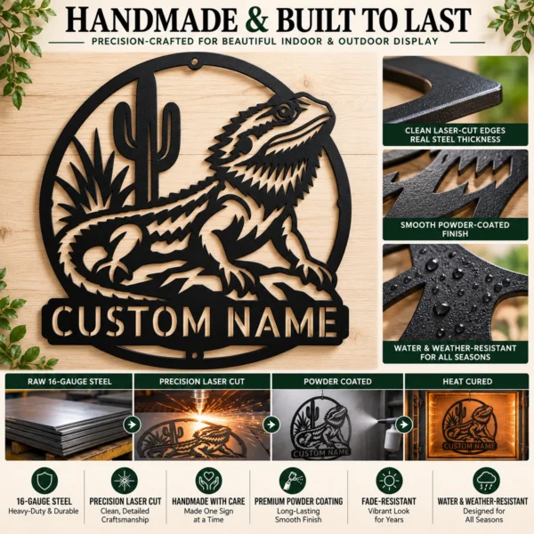 Custom Bearded Dragon Metal Sign Personalized Name Lizard Pet Wall Art Gift Custom bearded dragon metal sign in 16 gauge steel with personalized pet name for lizard wall decor, reptile room, bedroom, pet lover and gift art.