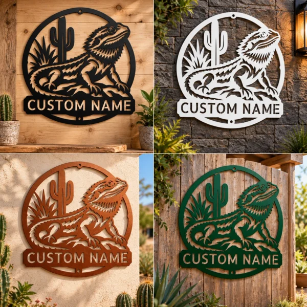 Custom Bearded Dragon Metal Sign Personalized Name Lizard Pet Wall Art Gift Custom bearded dragon metal sign in 16 gauge steel with personalized pet name for lizard wall decor, reptile room, bedroom, pet lover and gift art.