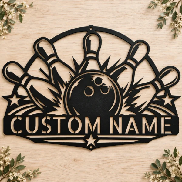 Custom bowling metal sign in 16 gauge steel with personalized name for bowling alley wall decor, game room, garage, bowling team and gift art.