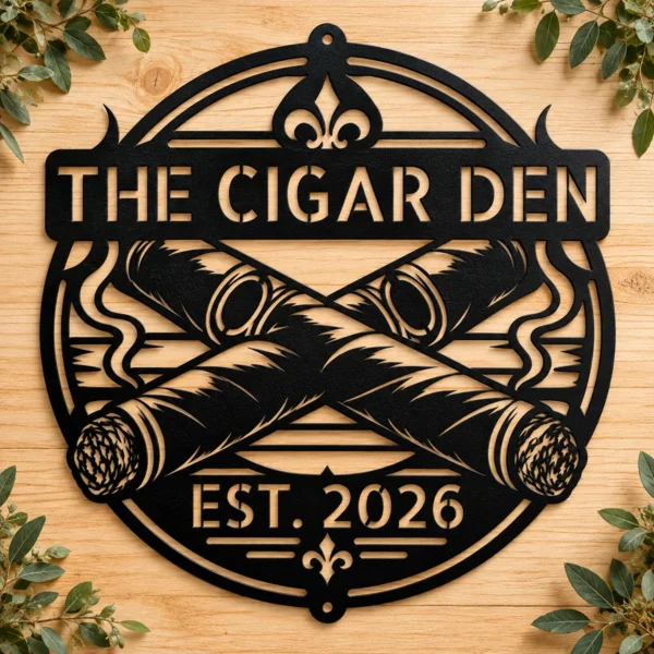Custom cigar metal sign in 16 gauge steel with personalized name for cigar lounge wall decor, home bar, smoking room, man cave and cigar lover gift.